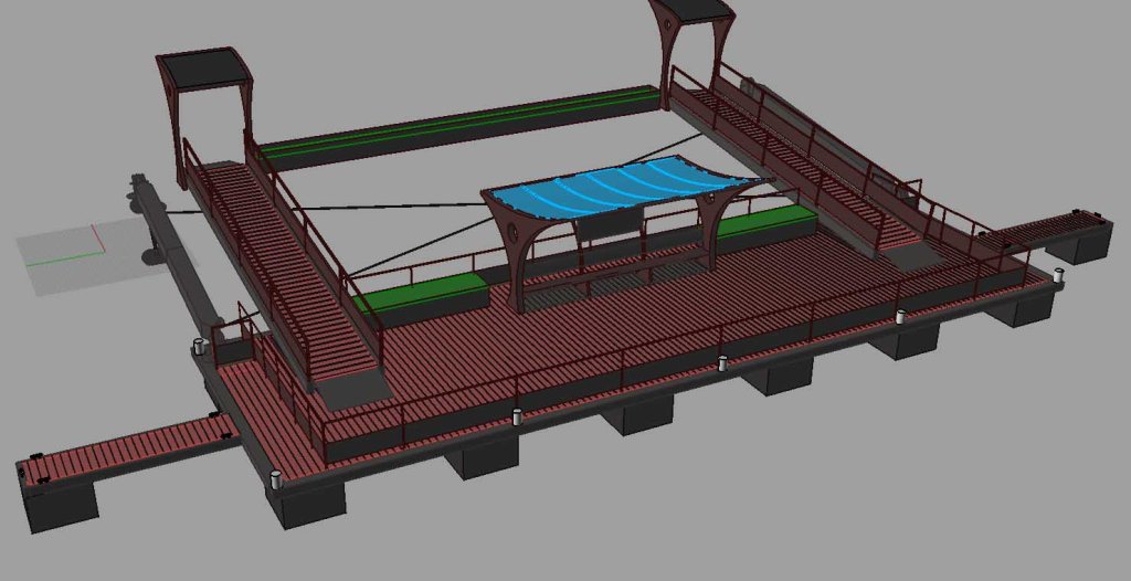 Barge Seine. Architecte infrastructure portuaire. Architecte fluvial. Embarcadère bateau. Plateforme flottante architecte