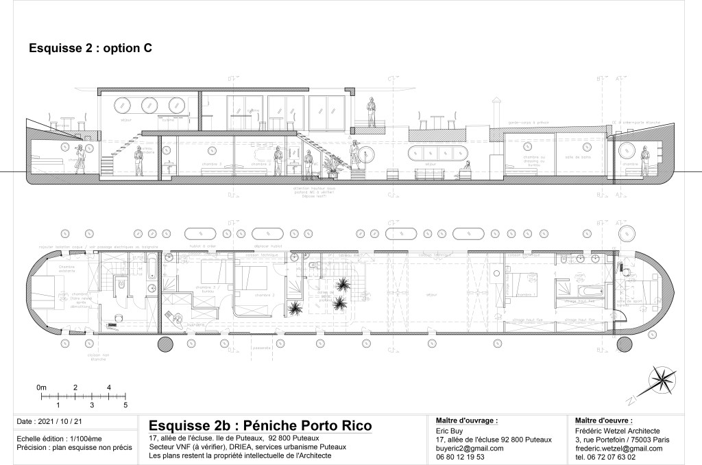 Surélévation péniche Puteaux. Péniche Freycinet Puteaux. Architecte péniche Puteaux. Architecte naval Paris. Architecte Paris