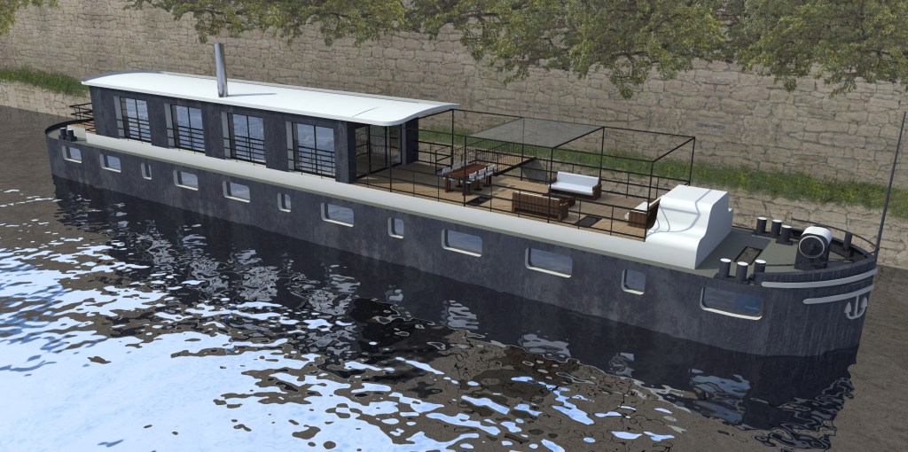 Péniche Neuilly sur Seine. Surélévation péniche Freycinet. architecte péniche. Architecte naval