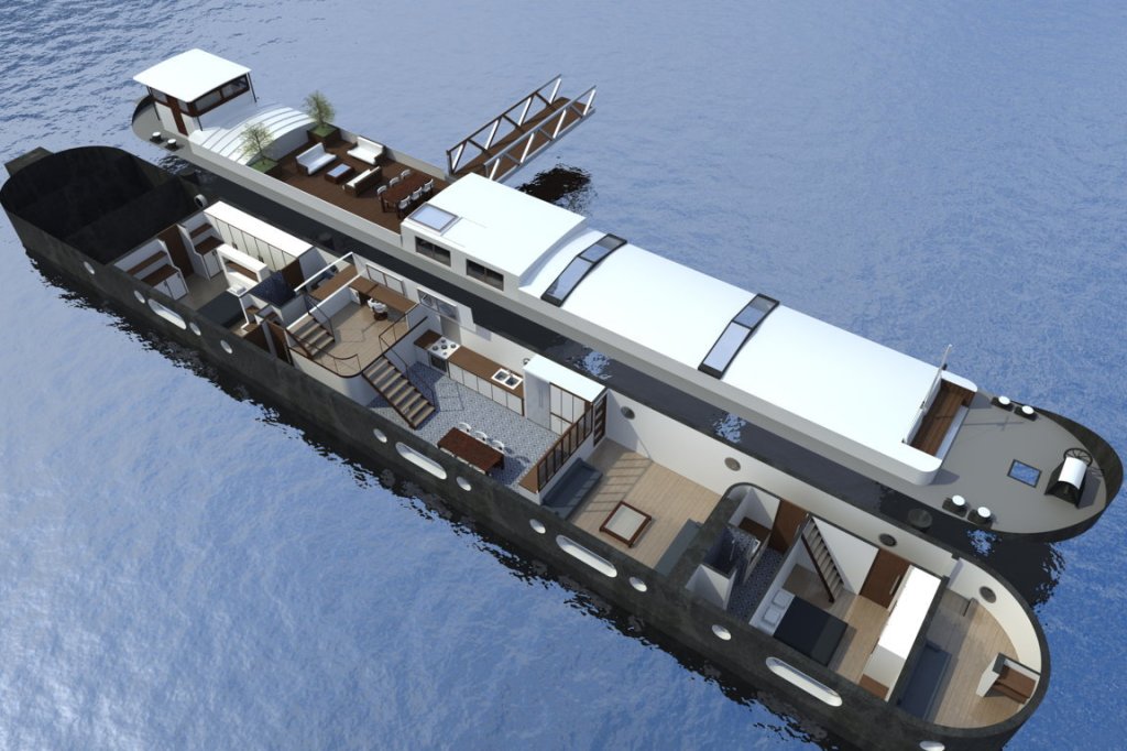 Surélévation péniche. Aménagement intérieur péniche